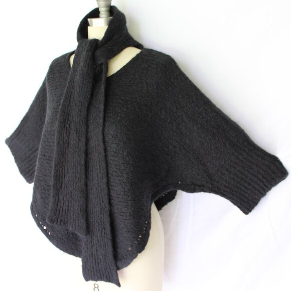 Hugo Boss black poncho cape scarf tunic sweater wool blend chunky XS - Picture 1 of 9